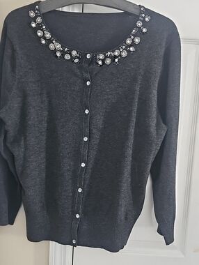 Embellished Black Women's Button Cardigan Sweater